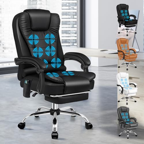 ALFORDSON Ergonomisk kontorsstol, skrivbordsstol med värmemassagefunktion, datorstol i PU-läder med vadderade armstöd och mjukt nackstöd, snurrstol med hjul, svart