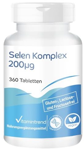 Vitamintrend Selenio Complejo 200 μg, 360 comprimidos, 200 μg por comprimido, alta dosis, complemento alimenticio vegano sin estearato de magnesio, fabricado en Alemania.