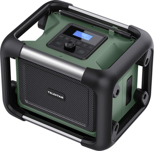 TELESTAR TOP OR 20 – Baustellenradio (Robustes Radio mit DAB+, Bluetooth Audio-Streaming, kompatibel mit Akkus von Makita, DeWalt, Bosch, Milwaukee, 80 W Stereo, USB, Akku-/Netzbetrieb) – Grün/Schwarz