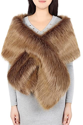 Generico Coprispalle di Pelliccia Donna Sintetica Invernale Stile Avvolgente o Incrociato Copri Spalle Donna Elegante Cerimonia Stola Caldo Eleganti,Marrone,Taglia Unica