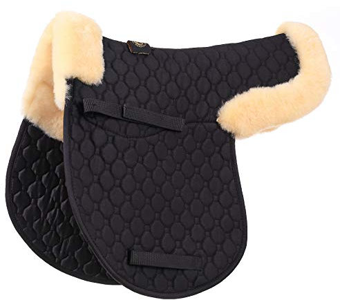 Merauno Lamb Skin Half Lined Numnah - Lammfell Schabracke Natur Echtes Lammfell und gesteppter Baumwolle (VSS Schwarz mit Naturlammwolle)