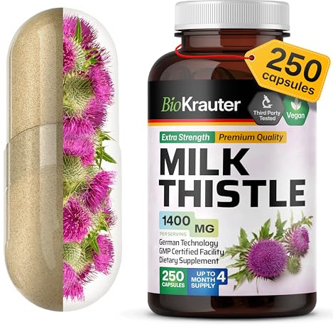 BIO KRAUTER Milk Thistle Capsules 1400 mg - 250 Count - Liver Detox & Cleanse Supplement - Vegan Silymarin Capsules - Milk Thistle Powder - Non GMO