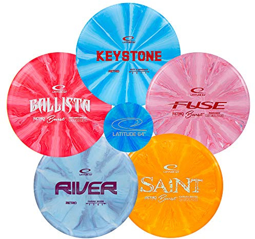 Latitude 64 Retro Burst Disc Golf Discs Set (5-Pack) - Perfect for New to Intermediate Players | Includes Keystone, Fuse, River, Saint, Ballista + Mini | Grippy Base Plastic | Colors May Vary