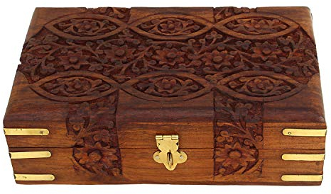 Ajuny Handgeschnitzte Dekorative Schmuck Aufbewahrungsbox aus Holz Blumen Schnitzereien Mehrzweck Schatztruhe Andenken Organizer Halsketten Uhrenboxen Geschenke 8x5 Zoll