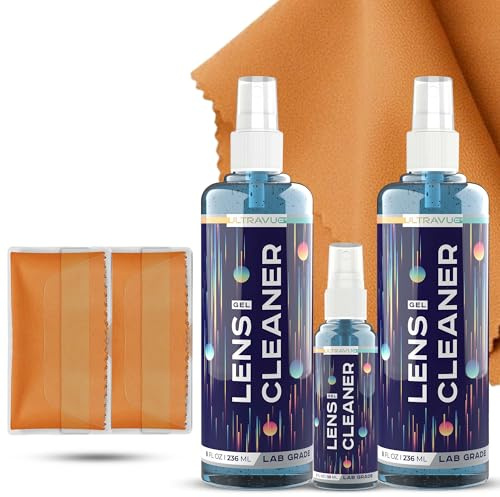 ULTRAVUE Eyeglass Gel Lens Cleaner Spray Kit - 2 x 8oz and 1 x 2oz Gel Eyeglasses Cleaner Spray Bottle + 2 Microfiber Cloth for Cleaning - Safe for All Lenses (AR Coated Included)