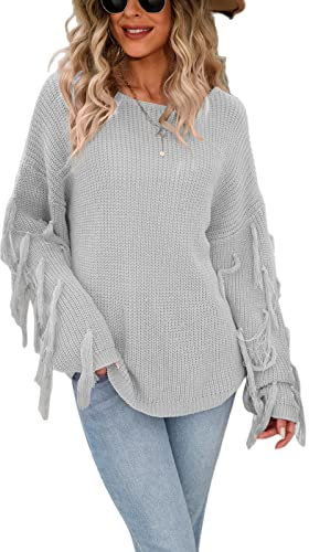 HEYPORK Damen Herbst Winter Warm Bequem Pullover Casual Mode Strickjacke Strickpullover Frauen Herbst/Winter Lose Pullover Gestrickter Fransenpullover(Grau, XL)