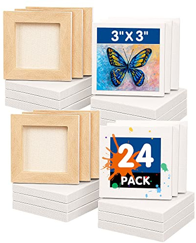 FIXSMITH Mini Stretched Canvas - 24 Pack 3 x 3 Inch, 2/5” Profile Small Square Canvases, 100% Cotton Art Primed Little Blank Canvas, Home Decor Project, Art Supplies for Acrylic Oil Painting