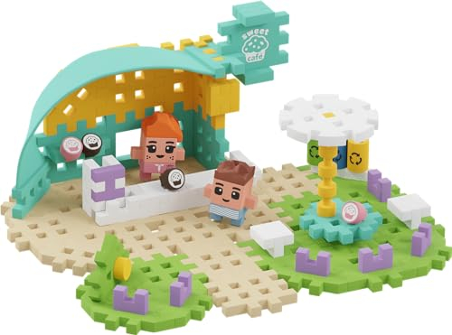 Marioinex Mini Waffle City Cafe 80 Elemente 2 Figuren - Bausteine Kinder - Sensorik Spielzeug - Konstruktionsspielzeug - Montessori Bausteine - Steckbausteine Kinder - Waffelblöcke Bausteine
