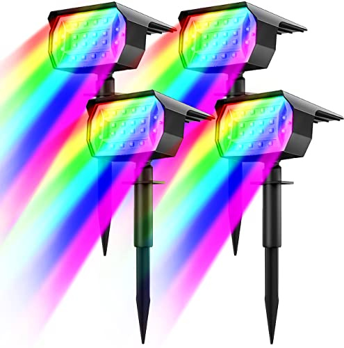 4 Pezzi Faretti Solari a LED da Esterno RGB, 20LED Multicolore Lampade Solari da Giardino Potenti, IP65 Impermeabile Luci Lampioni Solari, Faretto Solare Per Cortile Vialetto Alberi Natale Halloween