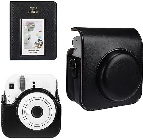 Meetikar kameraväska och 64 fickor fotoalbum kompatibel med Fujifilm Instax Mini 12 direktbildskamera, PU-läderbärbar mini 12 kameraväska med justerbar axelrem och fotoalbum, svart, Kameraväska