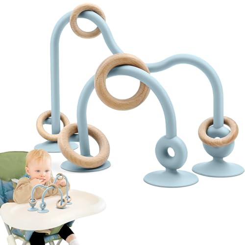 Baby Sensory High Chair Suction Toys for Infant Toddlers 12 18 Months, Food Grade Silicone String with Oak Loop Montessori Educational Parent-Child Baby Bath Toy Gift for Birthday or Easter (Blue)