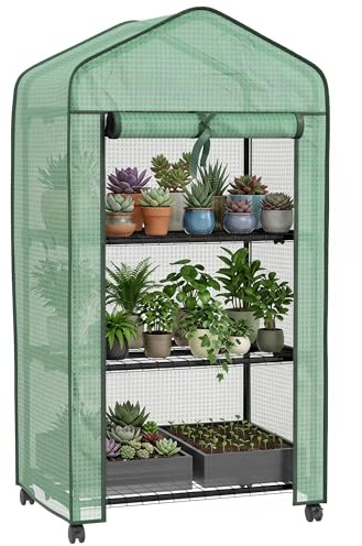 Outsunny Mini Serra da Giardino con Copertura in PE e 3 Ripiani, Serra da Balcone con Ruote e Porta Avvolgibile, 69x49x130cm, Verde