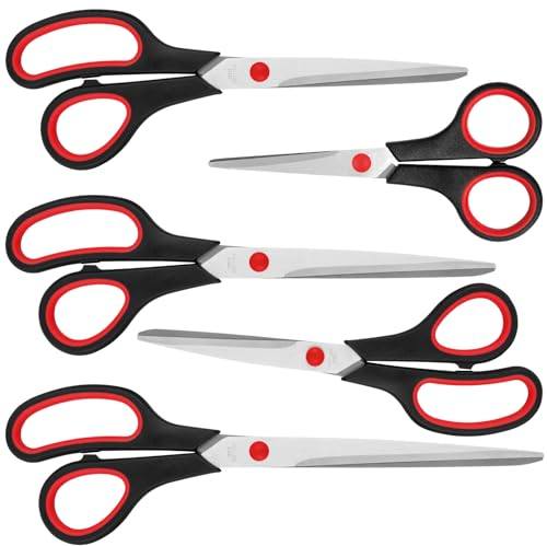 Scissors, Multipurpose Scissors with Sharp 2mm Thick Blades, Soft Grip Handle, Heavy Duty Stainless Steel Scissors for Home Offices Schools, Black & Red, 5 Size