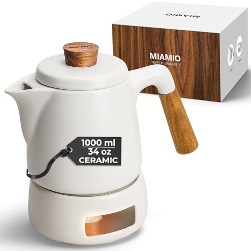 MIAMIO - Juego de tetera con calentador / 1L / 1000 ml Tetera con infusor para preparar té de hojas sueltas - Regalo para mujeres/amantes del té (Blanco)