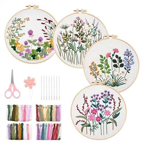 PBUSPU Kit de broderie à la main pour adultes : Lot de 4 kits avec pneus, motif floral et plantes, cadre en bambou, instructions et outils inclus