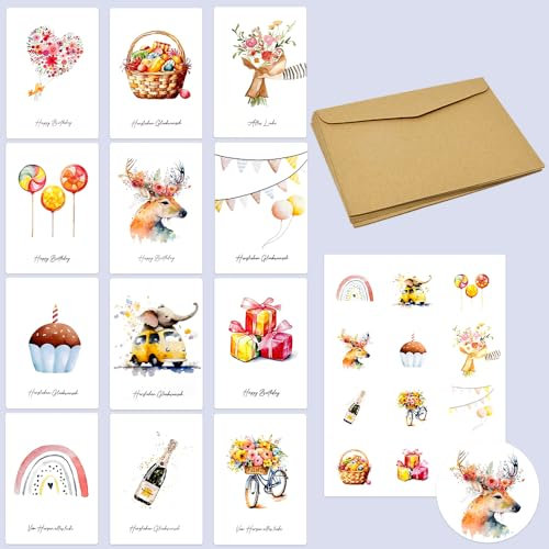 LPAMABA 12 Blätter Happy Birthday Glückwunschkarten Geburtstag Grußkarten Glückwünsche Geburtstagskarten 12 Umschläge Geburtstag Happy Birthday Karten Postkarte Glückwünsche 12 Aufkleber Junge Mädchen