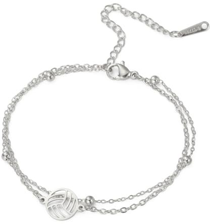 TEAMER Zierliches Armband mit Volleyball-Anhänger Größenveränderbares Volleyball-Doppelkettenarmband trendiger Sportball-Schmuck für Mannschaftssportler Trainer Volleyball-Liebhaber (Silber)