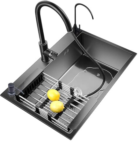 Fregadero de cocina Fregadero negro de acero inoxidable 304 para bar, balcón, bar y cocina con dispensador de jabón, grifo y juego de desagüe (gris oscuro, 50 x 45 cm)