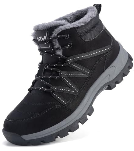 ZHNSHM Schneestiefel für Herren mit Fell gefüttert rutschfeste Winterstiefel leicht wasserdicht Stiefeletten Outdoor-Wanderstiefel schwarz