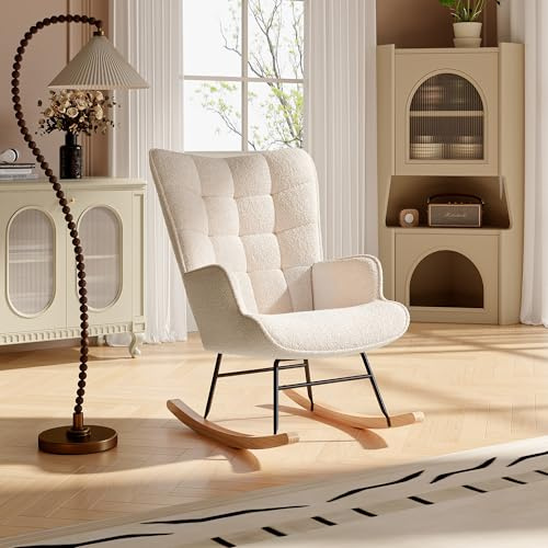 KOOPMAD Skandinavisk gungstol, gungstol, relaxstol i metall och trä, amning, skandinavisk stol, för vardagsrum, sovrum (beige, 68 x 92 x 75 cm)