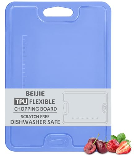 Flexible TPU Chopping Board, Lightweight Thin Dishwasher Safe Cutting Board with Grippy Handle, Scale and Juice Groove, Non-Slip Scratch Proof BPA Free Chopping Boards for Kitchen Meat (Navy Blue)