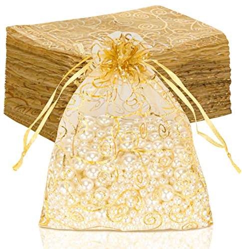 STARUBY Lot de 100 sachets en organza, 13x18cm sachet organza pochette cadeau, sacs à cordon pour Bijoux, imprimés en rotin pour mariages, faveurs de fête, cadeaux de Noël, sacs à bonbons