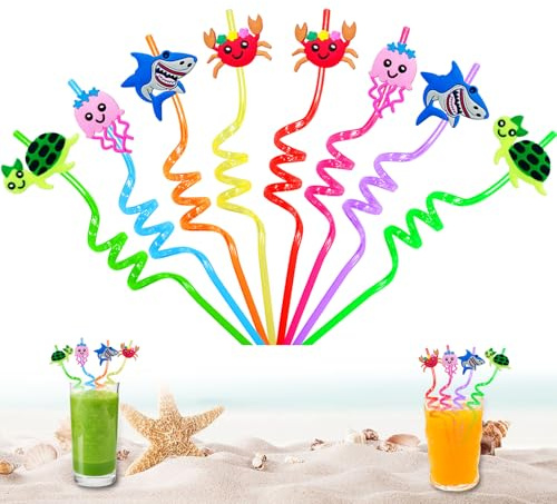 GOCUODE 8 Piezas Tema Animales Marinos, Pajitas Reutilizables con Cepillo Limpiador,Straws en Espiral para Fiestas de Cumpleaños Infantiles, Reuniones Familiares (8 unidades ​animales marinos)