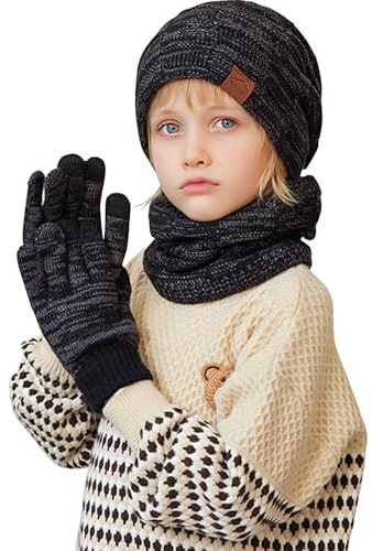 Runmeihe Kids Hat Scarf Gloves, 3 in 1 Winter Warm Knitted Set, Cold Weather Set with Knit Beanie Cap Touch Screen Gloves Circle Neck Scarf (Black)