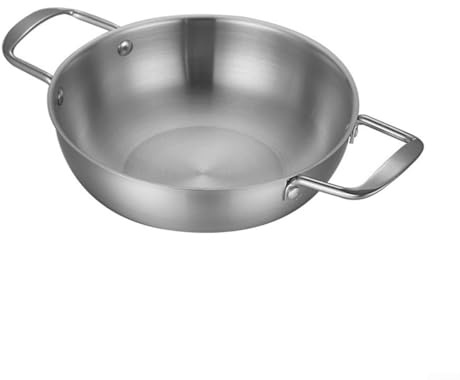 Pentola per paella in acciaio inossidabile con doppi manici, fondo piatto per piano cottura e forno, esterno lucidato a specchio e M (argenteo 24 cm)