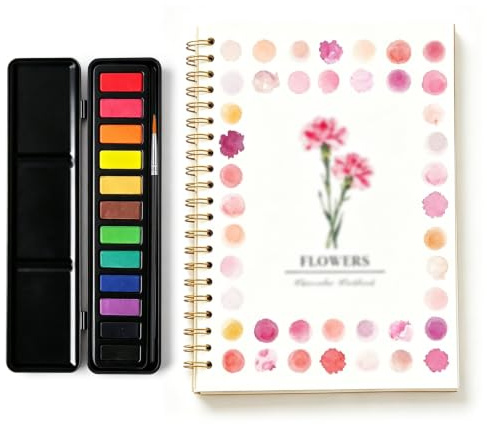 lomdung Cahiers d'Aquarelle, Fournitures de Peinture avec 12 Couleurs, Cahier d'Exercices d'Aquarelle pour Débutants, Cahier d'Aquarelle for Enfants, Adultes et Adolescents (Thème du Fleurs)