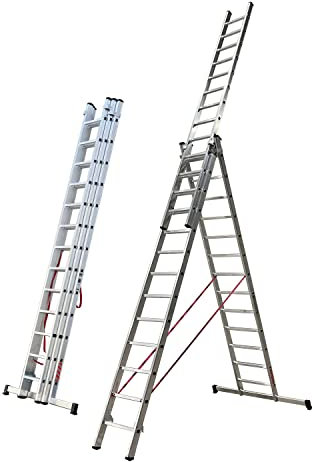 BTF Escalera de Aluminio Extensible 3 tramos transformable en Tijera, 3.5+3.5+3.5 Metros, 13 peldaños por Tramo | Ideal para Trabajos en casa, Chalet, finca Rural o Local Comercial. BTF-ETTB6735