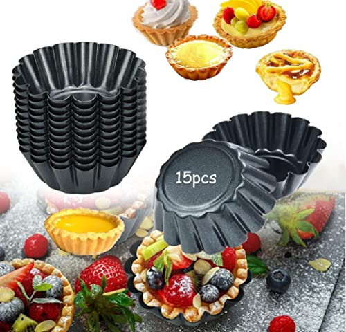 xutong 15pcs Stampi di Crostate Uova, Antiaderenti Forme per Crostatine, Riutilizzabile Stampo Crostata Cupcake, Stampi Mini Tortine in Acciaio al Carbonio per Budino,Teglia,Cioccolati (Nero)