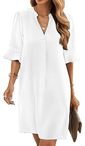 Famulily Robe chemise élégante et décontractée, pour femmes, avec col en V, manches mi-longues, couleur unie, tailles S à XXL
