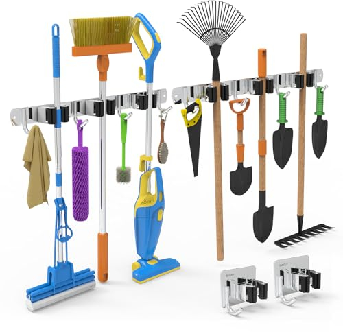 3-H 4 Stück Besenhalterung Wand, Gerätehalter Wandhalterung, Edelstahl Gartengerätehalter mit 3 Halter und 4 Haken, Selbstklebend Werkzeughalter Organizer für Besen Badezimmer Garage Garten