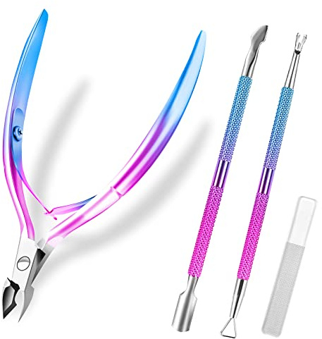 BQAN Cuticle Remover Set with Cuticle Cutter, Pusher, Nipper, Nail Scraper, Dead Skin Clipper, for Fingernails and Toenails (Blue Purple)