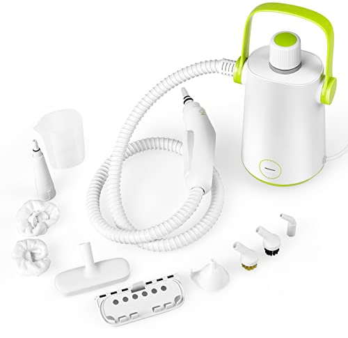 TANGZON Pressurized Handheld Steam Cleaner, 1000W Multi-Purpose Steamer with 10 Accessories, 300ml Multi-Surface Hand Steamers for Bathroom, Kitchen, Floor, Tile & Upholstery (White+Green, 300ml)