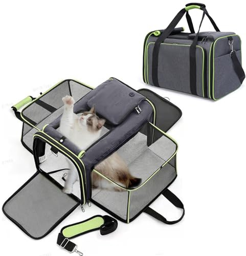 PETCUTE Airline Approved Cat Carrier with Shoulder Strap,2 Side Expandable Pet Carrier for Cats,Small Dogs,Soft-Sided Puppy Carriers with Washable Soft Fleece Pad,Inner Safety Leash,For Travel