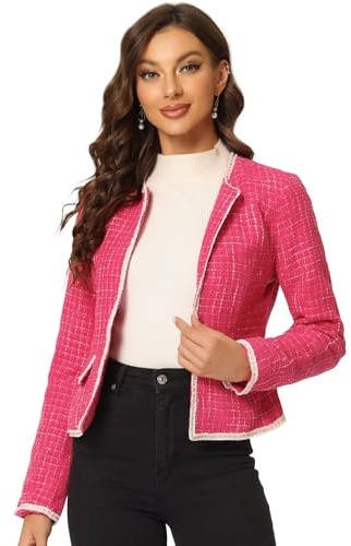 Allegra K Women's Plaid Tweed Blazer Long Sleeve Open Front Work Office Short Jacket Large Hot Pink