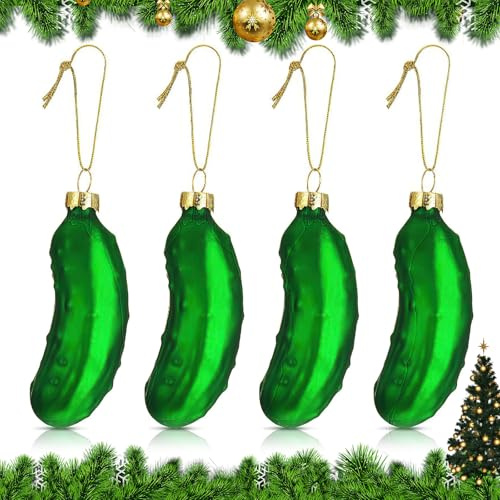 Hejo 4 Stück Weihnachtsgurke Christbaumschmuck, Kleine Gurke Weihnachtsschmuck aus Glas, Mehrweg Baumschmuck Christbaum Weihnachtskuge Gurken, Christmas Ornament für Weihnachtsdeko Eventdeko (Grün)