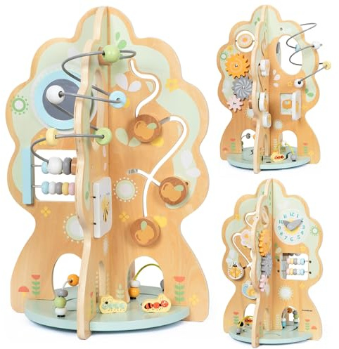 mamabrum Jouet Éducatif en Bois 10 en 1 - Arbre d'Activités Enfants avec Engrenages, Horloge, Miroir, Boucles Motrices, Glisseurs et Portes - Jeux Bois Éducatifs 44,5cm