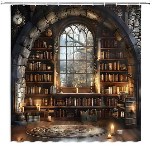 ZWSMZW Vintage Bookshelf Shower Curtain Gothic Castle Library Arch Window Educational Antique Bookcase Old Books Candle Brown Bathroom Decor Fabric Curtain with Hooks