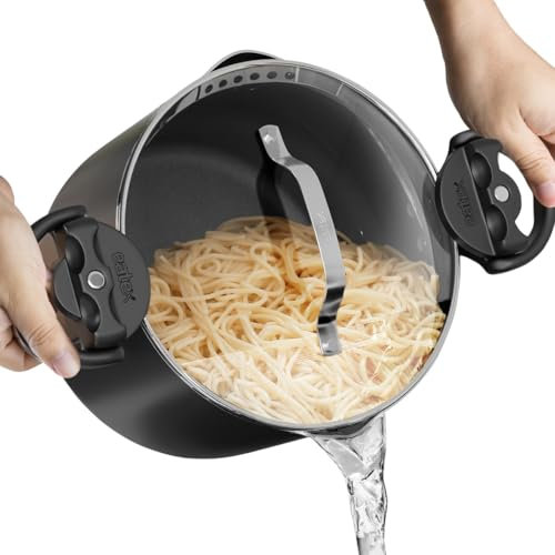 EATEX Olla para pasta con tapa coladora, olla multiusos de 5 cuartos de galón, olla de espaguetis a fuego lento con tapa coladora de pasta, asas giratorias y bloqueadas, olla de acero inoxidable de