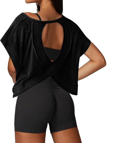 UNIANKIYA Open Back Workout Tops for Women Loose Fit Athletic Crop Tee Short Sleeve Gym Running Yoga Shirt Black