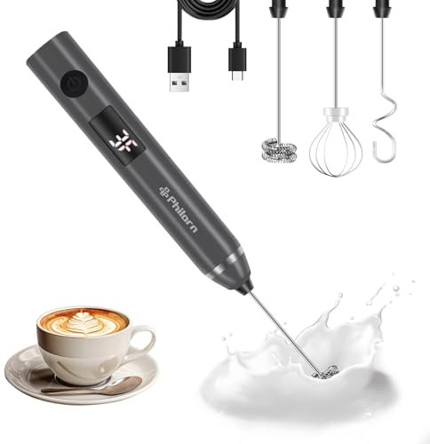 Philorn Elektrischer Milchaufschäumer Stab USB-C aufladbar mit LCD-Batterieanzeige -2 Aufsätzen, 3 Stufen, Hand-Milchschäumer Wiederaufladbar, Akku, Ideal für Kaffee, Latte, Cappuccino, Schokolade