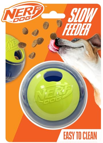 Nerf Dog Interactive Puzzle Feeder Ball, 3.5-Inch Treat Dispensing Toy for Dogs, Blue/Green/Clear