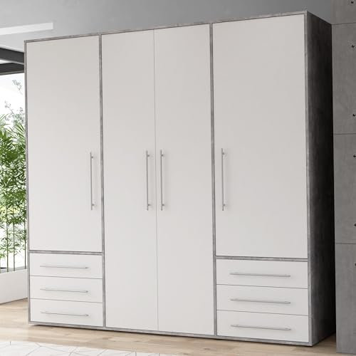 Forte Jupiter Kleiderschrank 205, Großer Schrank mit 4 Türen und 6 Schubladen, Holzwerkstoff, Weiß/Betonoptik Lichtgrau, 205,9 cm breit, 200 cm hoch, 53 cm tief