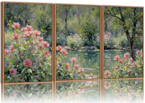 YeeHomedec Monet Botanical Framed Canvas Wall Art Set, Impressionist Floral Garden Wall Decor, Vintage Pond Tree Artwork, Nature Landscape Art Paintings for Living Room Bedroom Bathroom 24x36x3