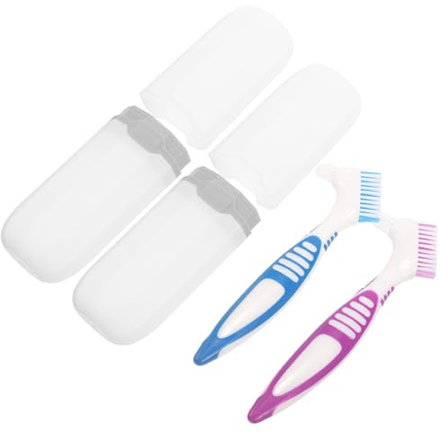 ULTECHNOVO Juego de 2 Cepillos Limpiadores para Dentaduras Postizas Doble Cabezal Pequeño Estuche Portátil de Almacenamiento en Colores Azul y Púrpura Adecuado para Limpieza Bucal y Viaje