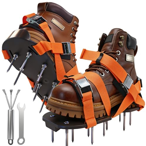 CLOPAE Aérateur de pelouse avec râteau pour enlever la boue, outil aérateur de pelouse, aérateur de gazon, chaussures à pointes robustes avec sangles réglables, pour pelouse, cour, patio, jardin