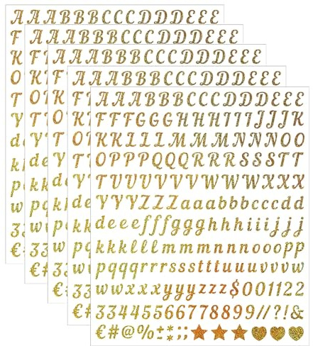 Adesivi con Lettere e Numeri, 5 Fogli Stickers Numeri e Lettera Adesivo, Adesivi Lettere Brillantini, Piccole, Colore Oro, per Decorare Bottiglie e Album di Ritagli Artigianato